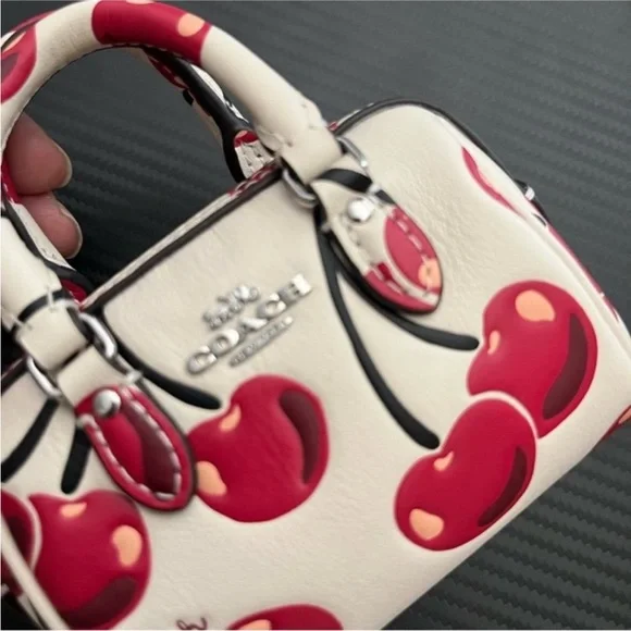Coach Rowan Cherry Print Mini Bag in White and Red Key Chain - Picture 2 of 6